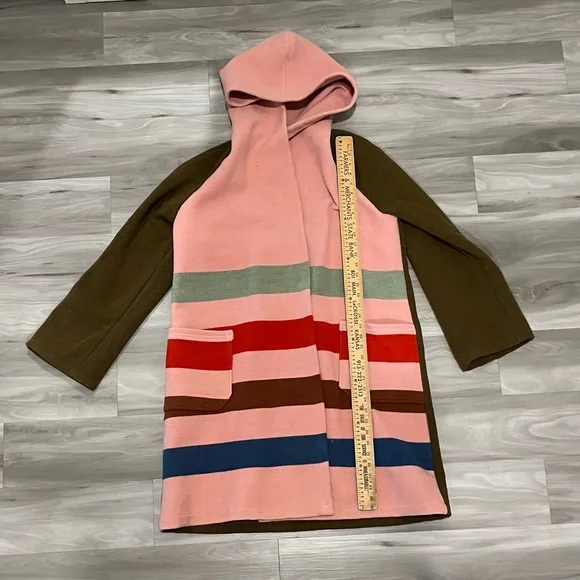Handmade New Look Pink Hooded Striped Wool-Blend Cape Coat with Olive Sleeves - Picture 3 of 8